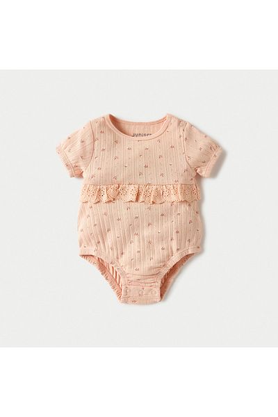 Juniors Floral Print Round Neck Romper with Lace Detail
