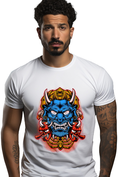 StoryGift Romania Tricou Barbati Cu Masca Oni, Vultur, Asiatic, Schelet, Coarne, Demon, Cu Imprimeu Pe Fata Stg