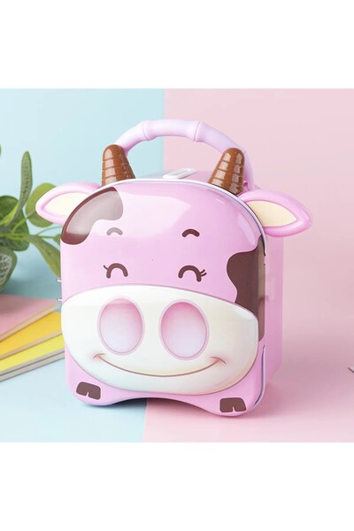 GÜZELYÜZ AVM Pembe Sevimli İnek Kilitli Metal Kumbara Kulplu Metal Kumpara
