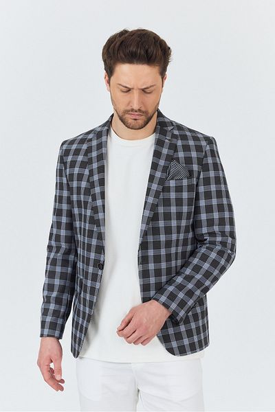 Frappoli Riccardo Men's Anthracite Plaid Checked Polyester Fabric Slim Fit Sports Blazer Jacket