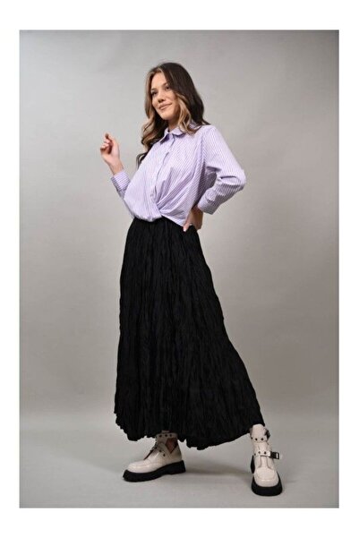 Caspiche Fusta Cu Efect Crinkle Asimetrica In Partea De Jos Splendore Talie Unica Negru