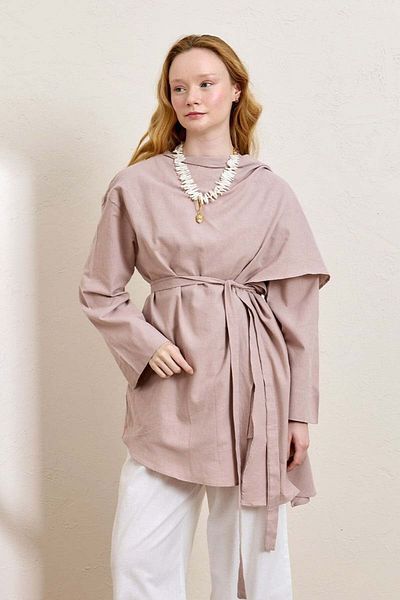 Ceylan Otantik Dusty Rose Organic Linen Shawl Detail Tunic