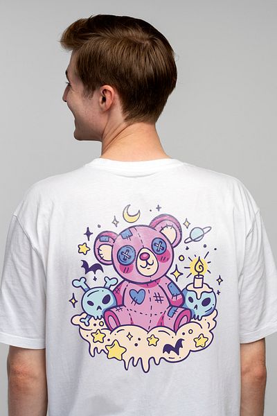 StoryGift Romania Tricou bărbătesc Teddybear Kawaii Goth Ilustrat Ursuleț de Pluș, cu Imprimeu pe Spate, 100% Sticlă