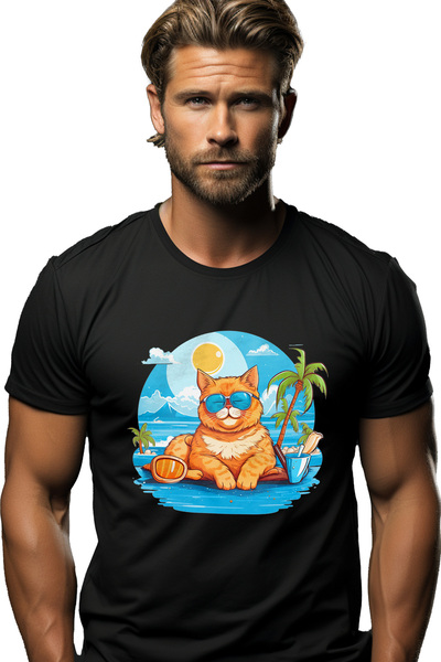 StoryGift Romania Tricou Barbati Cu O Pisica La Mare, Ochelari De Soare, Palm...