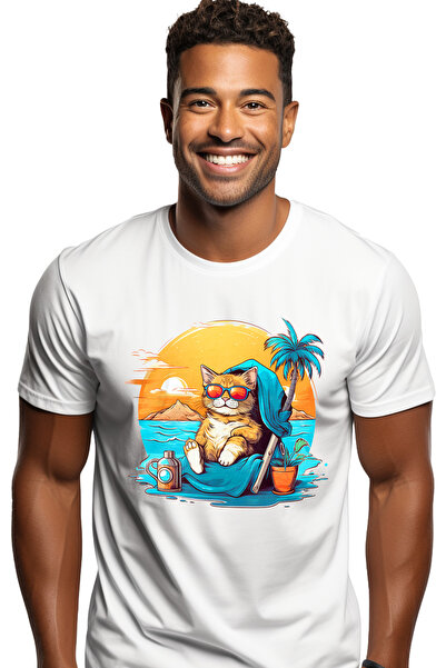StoryGift Romania Tricou Barbati Cu O Pisica Pe Plaja, Ilustratie, Relaxare, ...