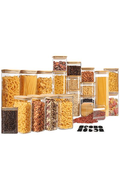 Köken Set de 20 de recipiente pătrate din sticlă borosilicată cu capace etanșe din bambus, Koken, pentru alimente uscate/cereale