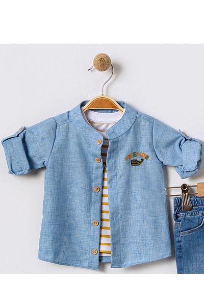 Bebüş Cămașă de in pentru bebeluși, tricou cu dungi și pantaloni din denim, costum de vară din 3 piese 15862