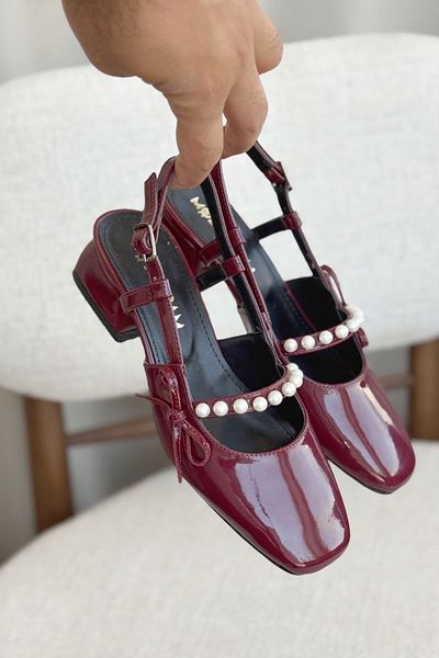 GOFFSHOES Women's Maste Pearl Low Heeled Shoes - Burgundy-Patent Patent