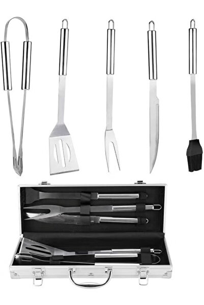 COOYA 5-piece portable grill tool set, stainless steel, suitable for outdoor picnics and camping, silver