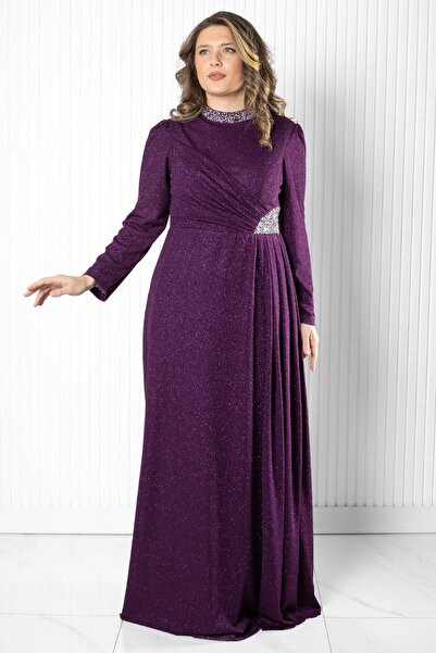 DENİMİNİ Taş Baskı Detay Simli Abiye Mürdüm DNM2523