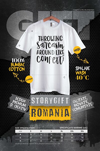 StoryGift Romania Men's T-Shirt With Text "Throwing Sarcasm Around Like Throwing Confetti" With Print On Left