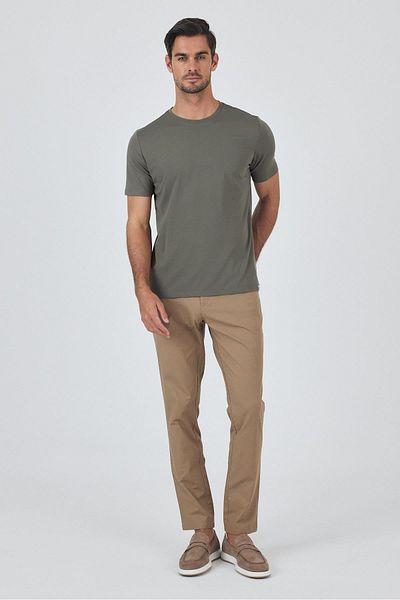 İmza Dark Khaki Short Sleeve Crew Neck Pocketless Cotton Casual Slim Fit T-Shirt 1011250165