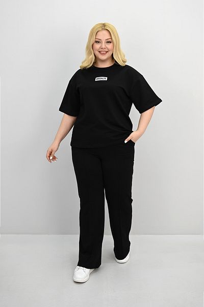 Koza Butik Women's Large Size Short Sleeve Label Detailed Loose Wide Leg Tracksuit Set 8196-25