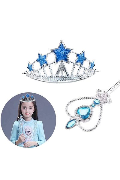 PRATİKOBA Frozen Elsa Star Blue Crown and Elsa Wand Set 2 Pieces