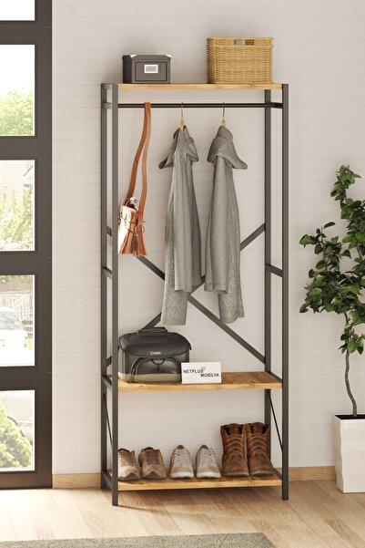 NETPLUSMOBİLYA Metal Portmanto Vestiyer Ayakkabılık 2 raflı kahverengi 150cm
