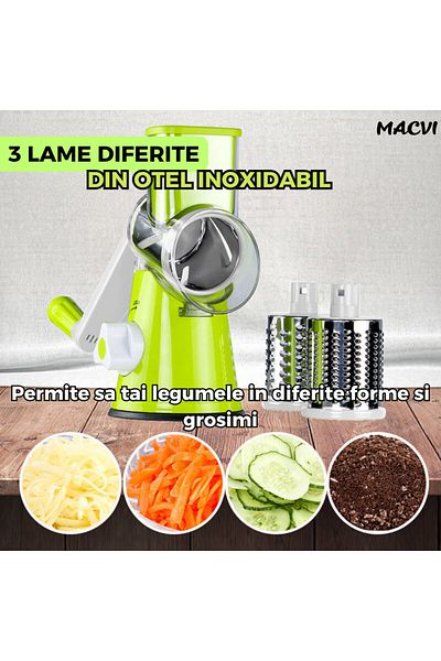 MACVI Feliator Manual pentru Legume Macvi®, 3 Lame, Plastic/Inox, Verde, 25x11.5x23.5 cm