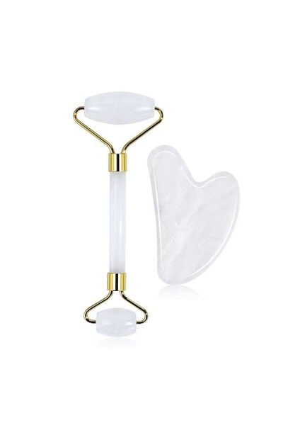 MACVI Set rola jad si piatra Gua Sha Macvi®, masaj facial, corporal,intretine pielea, drenaj limfatic, Alb