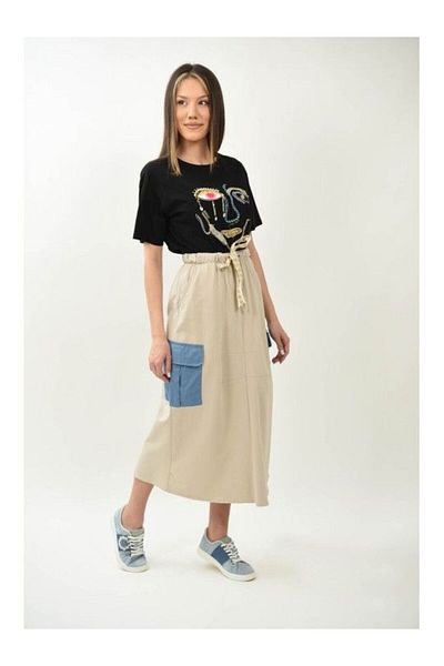Y TWO WOMEN SPORTY COTTON SKIRT WITH POCKET, UNIQUE WAIST, BLUE