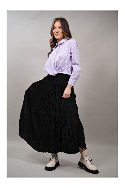 Caspiche Fusta Cu Efect Crinkle Asimetrica In Partea De Jos Splendore Talie Unica Negru