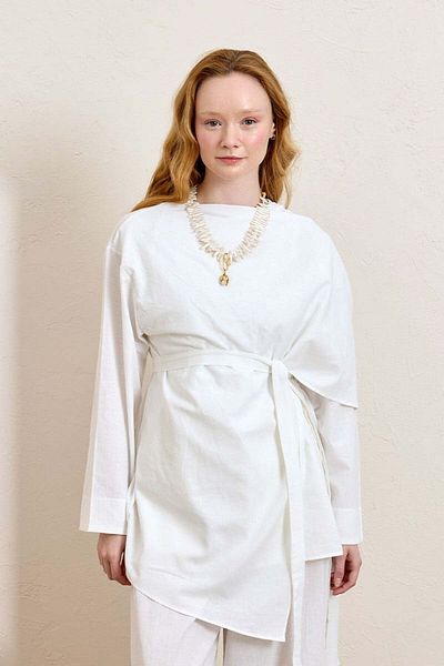 Ceylan Otantik White Organic Linen Shawl Detail Tunic