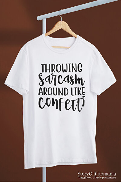 StoryGift Romania Men's T-Shirt With Text "Throwing Sarcasm Around Like Throwing Confetti" With Print On Left