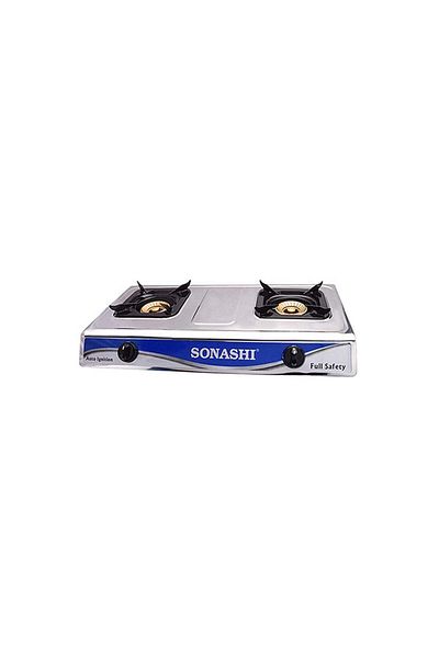 sonashi Double Burner Gas Stove - Durable Stainless Steel Body with Piezo Ignition System