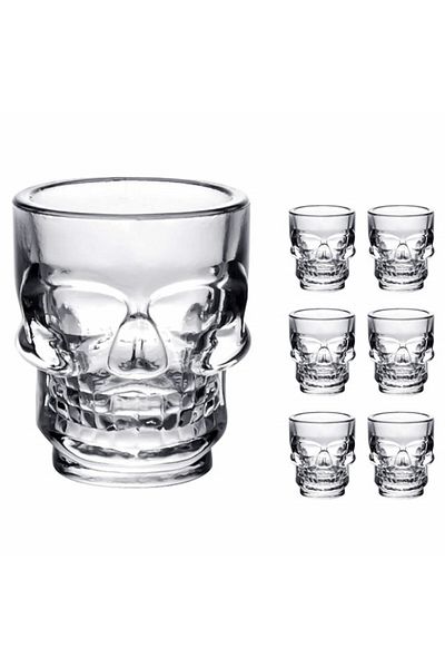 PUFO Set de 6 pahare de shot din sticlă, formă de craniu, 50 ml