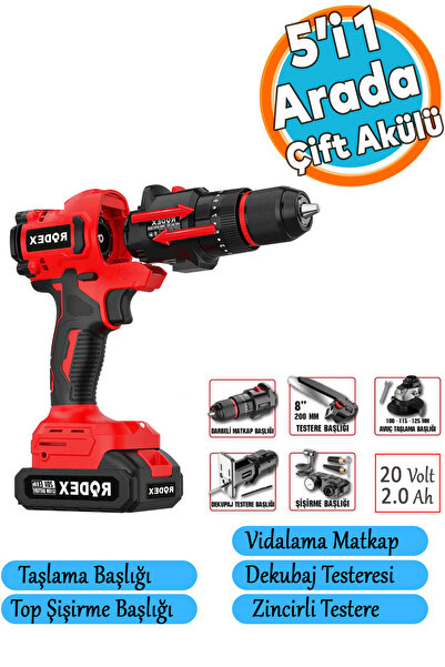 Rodex Akülü Değiştirilebilir Başlıklı 5'li Set 20 V 2.0 Ah Taşlama Matkap Dek...