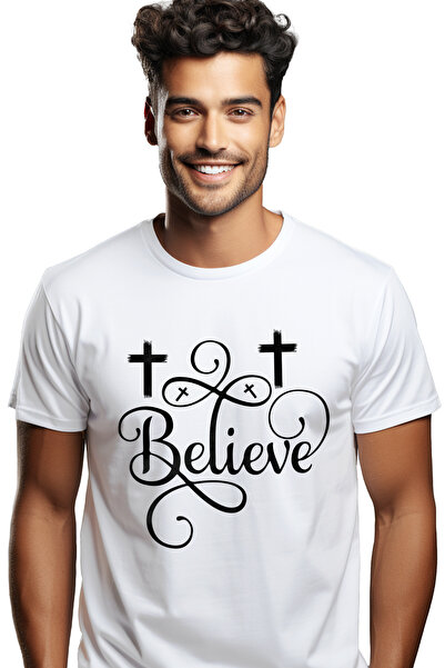 StoryGift Romania Tricou Barbati Cu Textul "believe" - Crede Cruci Credinta B...