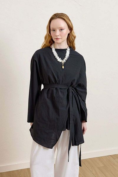 Ceylan Otantik Black Organic Linen Shawl Detail Tunic