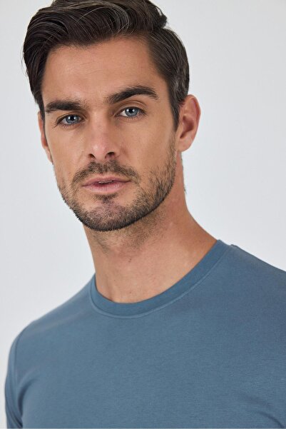 İmza Μπλε κοντομάνικο μπλουζάκι με λαιμόκοψη χωρίς τσέπη βαμβακερό casual slim fit μπλουζάκι 1011250158