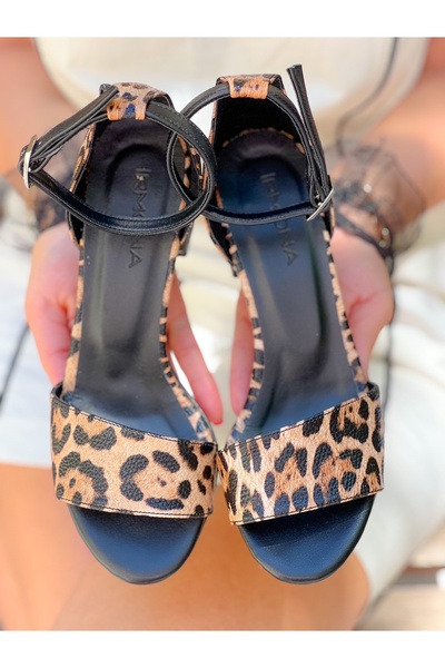 BERFONA SANDALE ELIZA LEOPARD PIELE NEGRĂ CU DETAIL DETAIL TĂCĂT