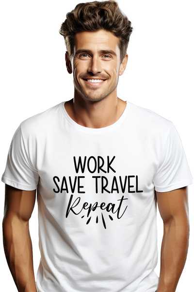 StoryGift Romania Tricou bărbătesc cu textul „muncă, economisește, călătoreșt...