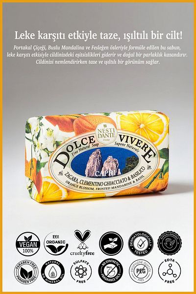 Nesti Dante Dolce Vivere Capri Solid Soap 250 Gr |   Anti-Stain |   Tangerine, Basil, Orange Flower