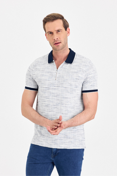 ENQUE Erkek Basic Fermuarlı Desenli Kıvrılmaz Polo Yaka Pamuklu Slim Fit Tişört