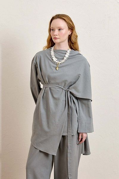 Ceylan Otantik Gray Organic Linen Shawl Detail Tunic