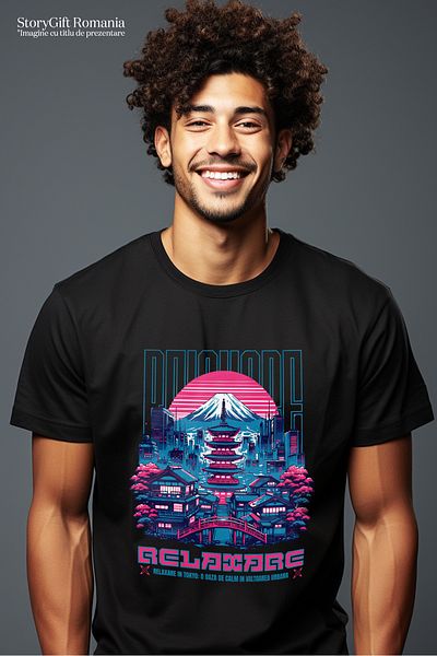 StoryGift Romania Tricou Barbati Relaxare In Mt Fuji Tokyo Pop Art Japan Cu Imprimeu Pe Fata, 100% Bumbac, N Stg