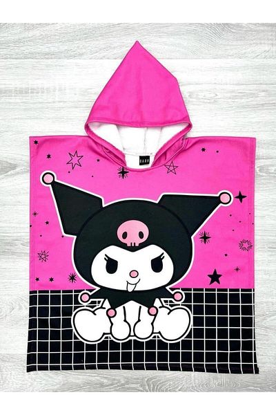 Magu Girl's Cotton Fuchsia Kuromi Patterned Hooded Poncho - Star and Grid Themed