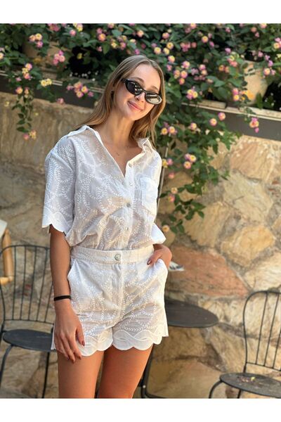 CAN ÇAPAR Cămașă albă brodată din țesătură voal pentru femei - pantaloni scur...