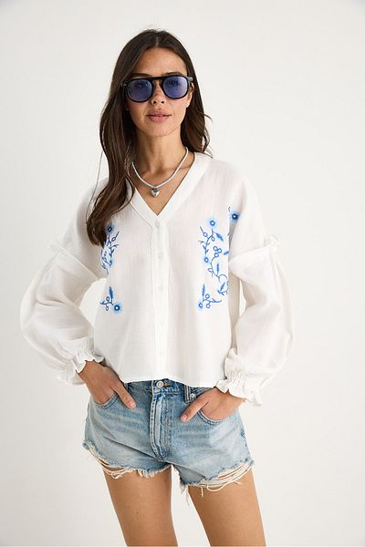 Bianco Lucci Cămașă de muselină de vară pentru femei, cu decolteu în V, cu mâneci brodate, cu mâneci elastice G28-4889 60283343