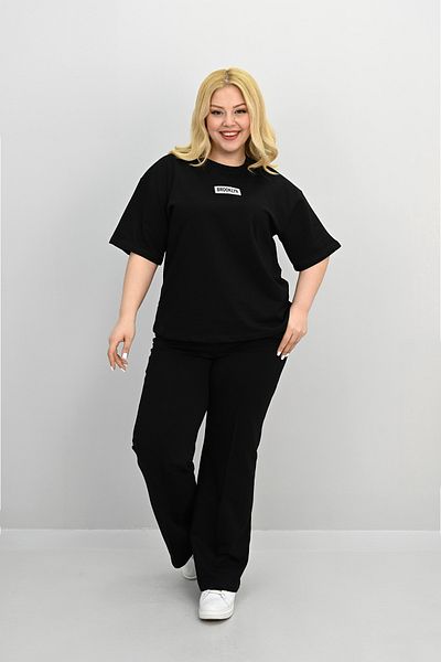 Koza Butik Women's Large Size Short Sleeve Label Detailed Loose Wide Leg Tracksuit Set 8196-25