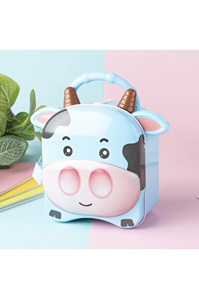 GÜZELYÜZ AVM Mavi Sevimli İnek Kilitli Metal Kumbara Kulplu Metal Kumpara