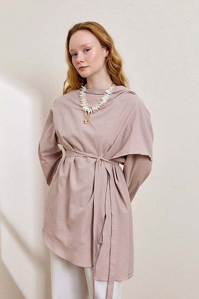 Ceylan Otantik Dusty Rose Organic Linen Shawl Detail Tunic