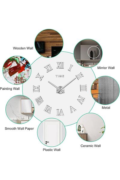 COOYA DIY frameless wall clock, modern design, silent, 120x120 cm, easy to install, for living room,silver