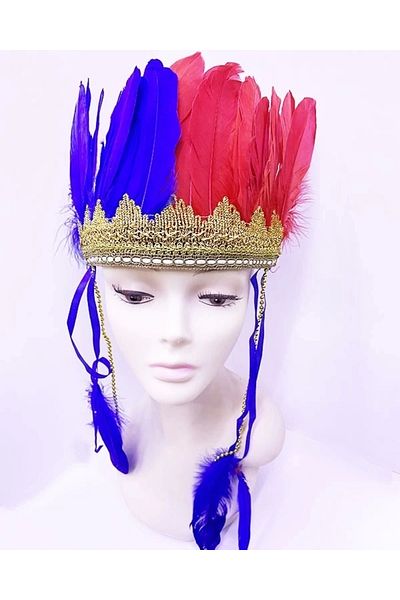 PRATİKOBA Burgundy Blue Feather Native American Headdress |   Fan Head