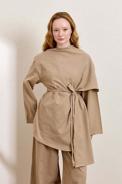 Ceylan Otantik Caramel Organic Linen Shawl Detail Tunic