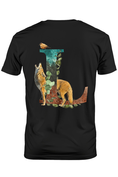 StoryGift Romania Tricou bărbătesc cu litera L, lup, pasăre, frunze, cu impri...