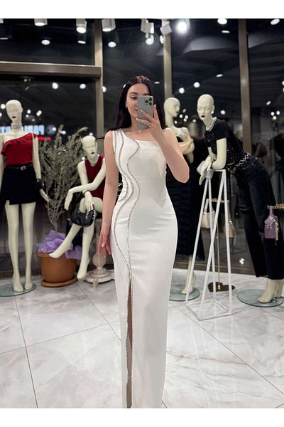 missswans Ayana One Shoulder Stone Wavy Detail Midi Length Evening Dress with Slit in the Front Ecru