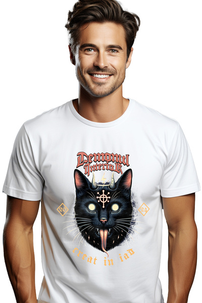 StoryGift Romania Tricou Barbati Pisica Cu Coarne De Drac - Demonul Interior Cu Imprimeu Pe Fata, 100% Bumba Stg