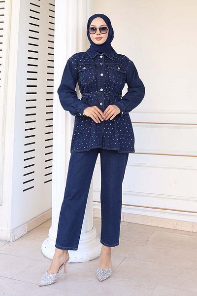 benguen Stone Detailed Tie Suit Navy Blue 373